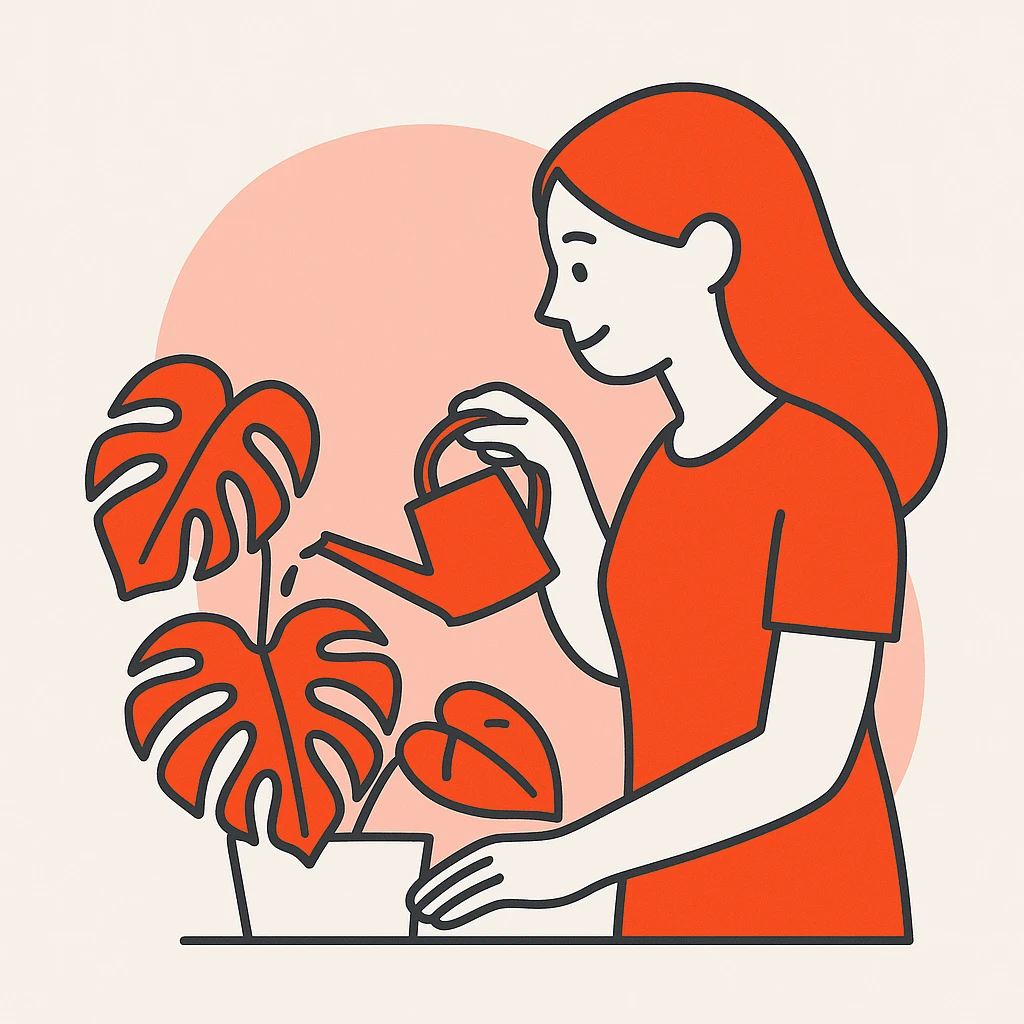 woman watering her monstera plant emoji