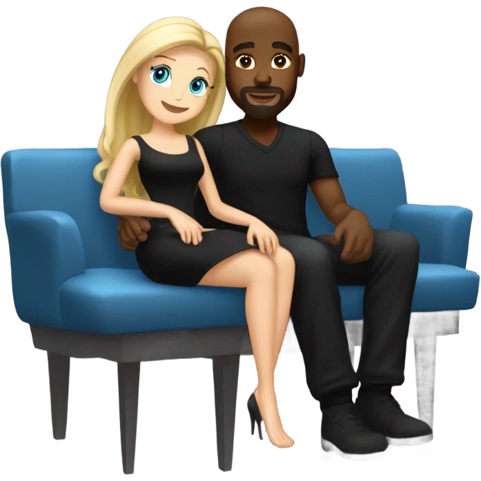 Blonde woman with blue eyes and long straight hair wearing a short black dress and a black man who is bald with a goatee seated together on a sofa enjoying a passionate embrace.   emoji