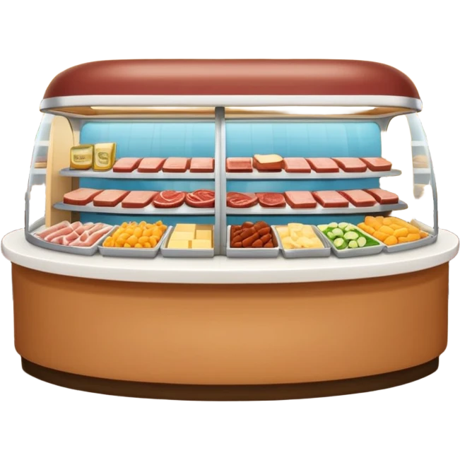 A 3D cartoon deli counter filled with meats, cheeses, and salads, bright lighting, Memoji-style realism. emoji