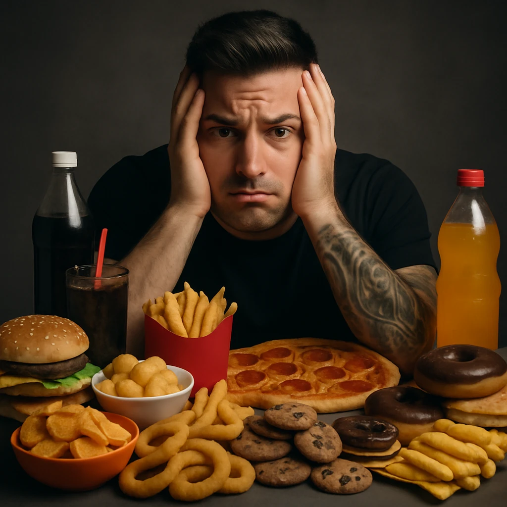 Create a realistic image of a real person similar to the reference photo: a man surrounded only by toxic food such as junk food, industrial snacks, sugary drinks, and fast food. The man has a worried expression. The atmosphere is serious and realistic. emoji