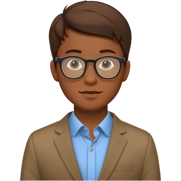 a man in his early 20s wearing glasses for a tech company, his job is marketer, extroverted, brown hair emoji