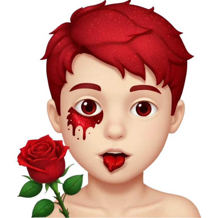 red glitter naughty-looking boy biting a rose in his mouth emoji