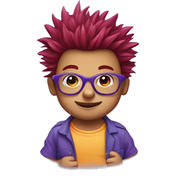 a red-haired one year baby with spiky hair and only 2 front teeth wearing purple square glasses and a blue shirt with red trim emoji