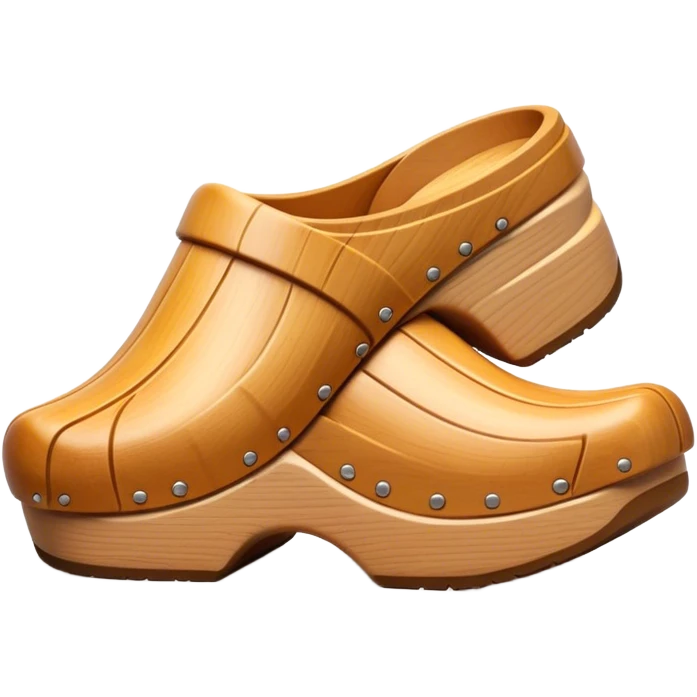 Cinematic Realistic Wooden Clogs Emoji, depicting the classic handcrafted footwear with a smooth, curved design and sturdy wooden soles, rendered with rich textures and warm, natural lighting. emoji