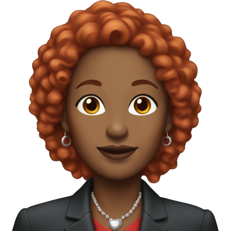 Black middle-aged woman with long red curly hair, dressed in professional attire, and wearing earrings emoji