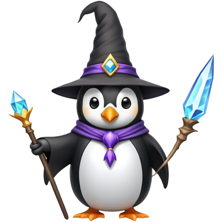 penguin dressed as a wizard with magical staff and pointy hat emoji