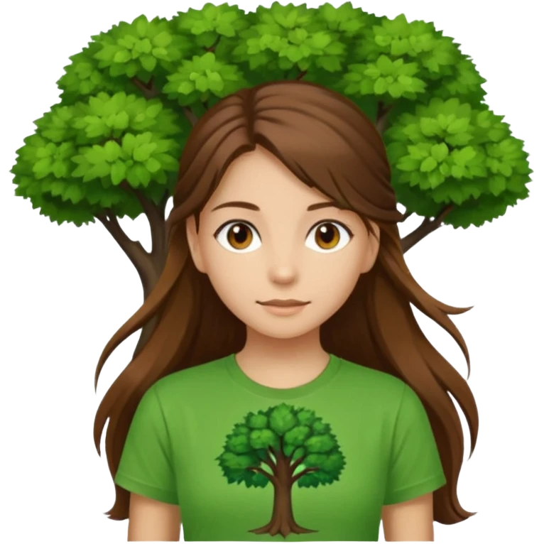Make a zumba coach emoji, brown eyes, brown hair girl, long ponytail,green t shirt with a tree logo on It emoji