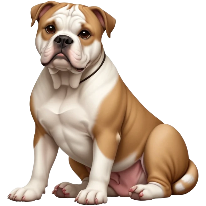 cinematic-[american bulldog]-realistic-full-body-sitting-emoji,-tail-resting-loosely-beside-its-paws,-head-tilted-dramatically,-sleek-[brown fawn]-fur,-simplified-yet-realistic-focused-features,-highly-detailed,-glowing-with-an-almost-sarcastic-glow emoji