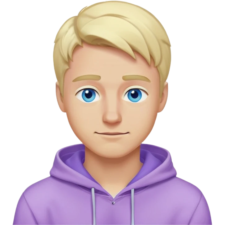blonde man with blue eyes, lilac hoodie, winking emoji