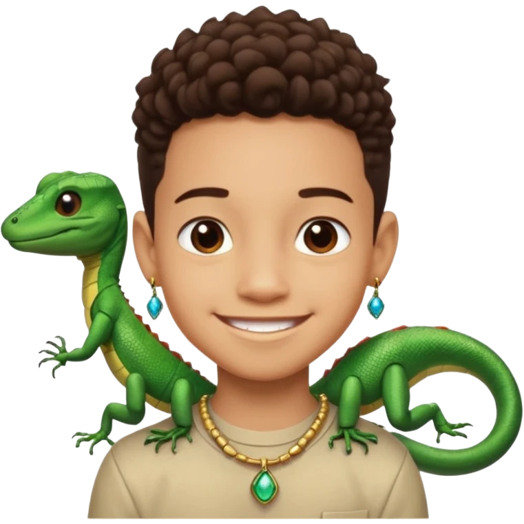 smiling boy with jewelry next to cartoon ant and lizard emoji