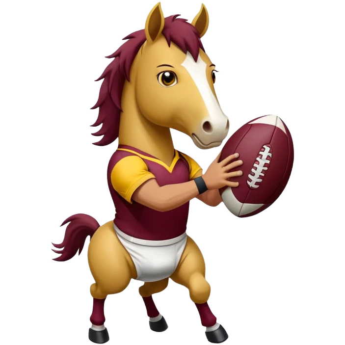 Angry horse wearing maroon and yellow jersey hold white rugby ball emoji