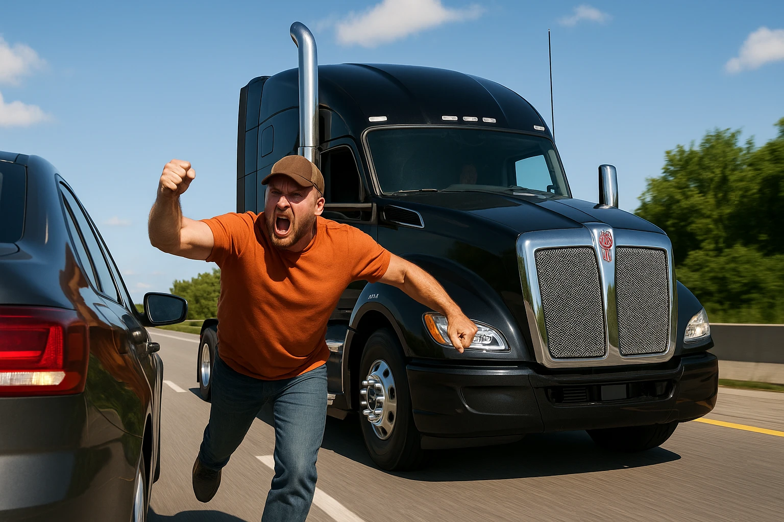 Modern black Kenworth W680 semi sleeper truck with chrome stack, behind a car on the highway. The driver is angry, bald, wearing an orange shirt and a baseball cap, with arm out the window. Energetic and clear scene on the road with both vehicles visible. emoji