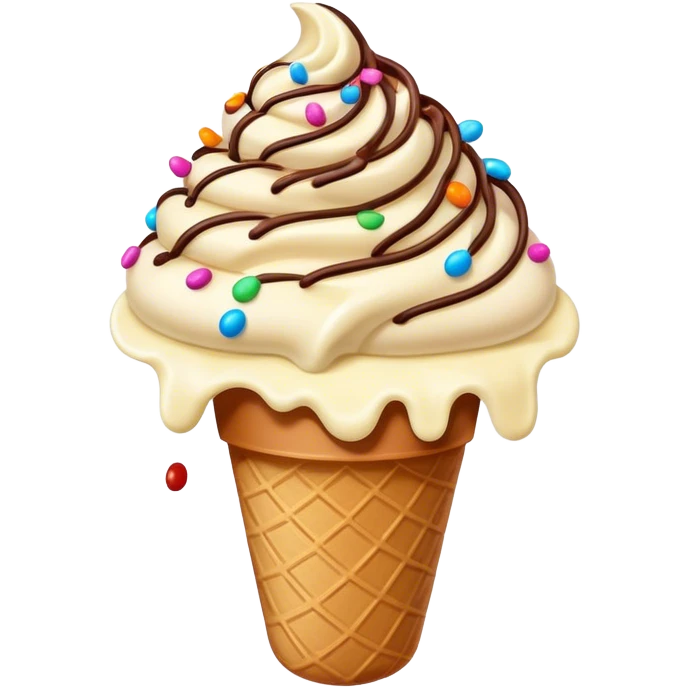 Cinematic scoop of rich, creamy ice cream, slightly melting, smooth swirls of chocolate and vanilla, colorful sprinkles on top, warm glowing background, playful and inviting. emoji