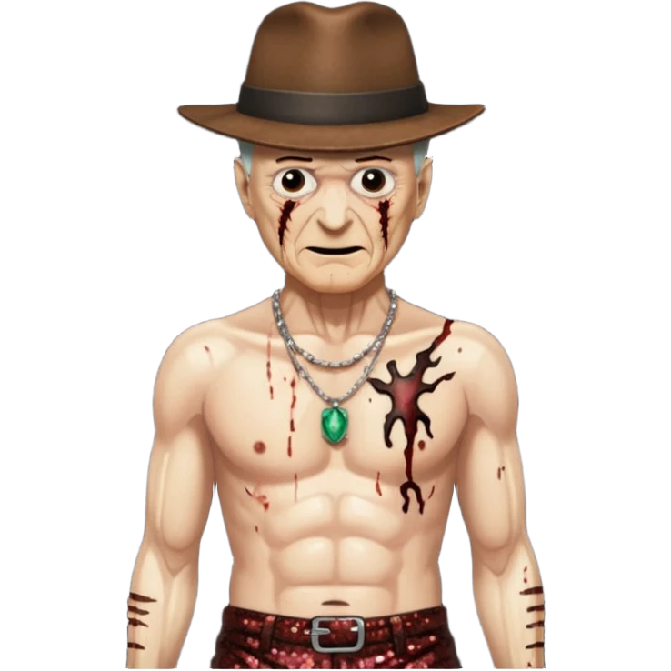 Freddy Krueger with burned skin, dark brown sequin baggy pants, shirtless with necklace emoji