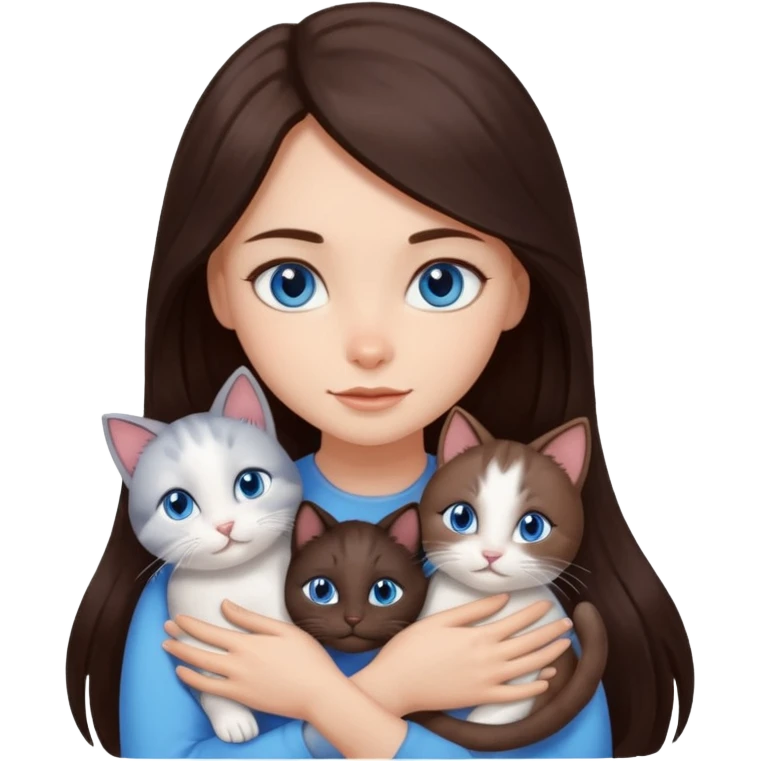 a pretty girl with long dark 
brown hair, with blue eyes, hugs 3 different natural coloured small cats emoji