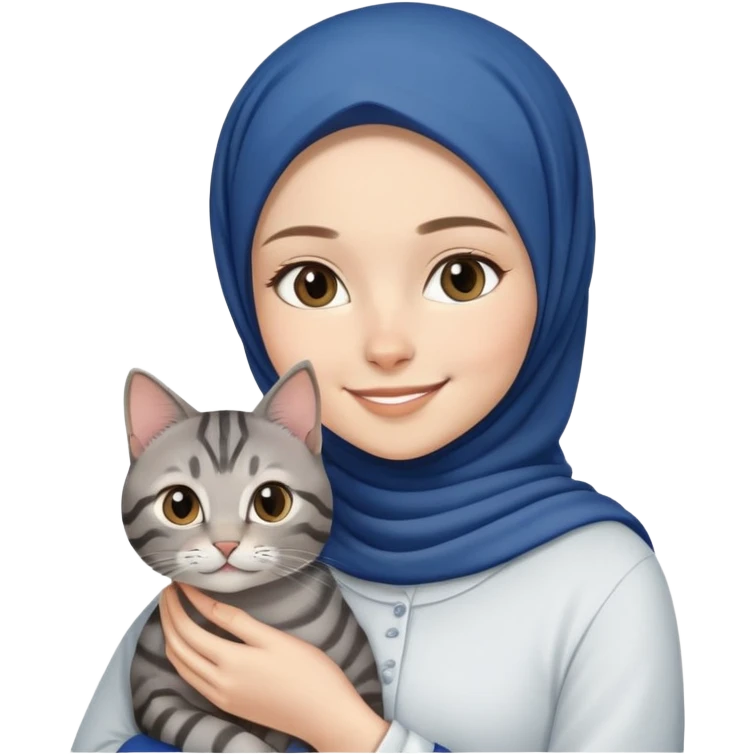 White girl wearing dark blue hijab with white shirt smiling while holding a black grey tabby cat emoji