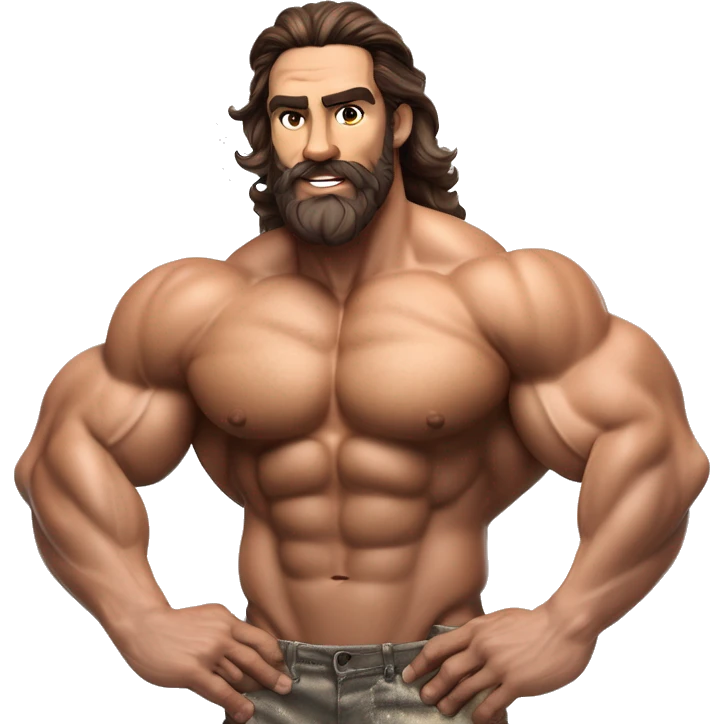 muscled hairy bodybuilder brown hair beard,enormous pecs and enormous biceps, long wavy hair in a man bun, with dark brown eyes, and tanned skin, full body from head to toes picture, flexin both biceps, hairy body, wearing, bodybuilding posing swimsuit emoji