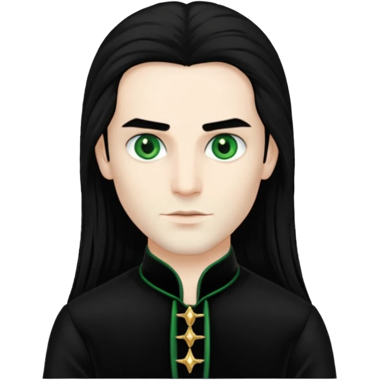 Louis de Pointe du Lac with white skin, green eyes , long black hair, black outfit emoji