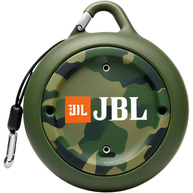 Simple JBL Clip 4 speaker with round body, built-in carabiner, green camo pattern, and JBL logo on front, iOS emoji style emoji