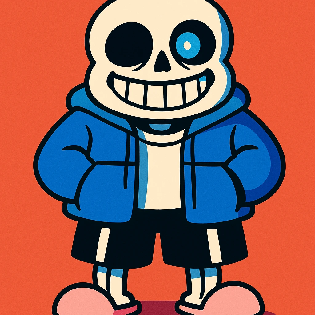 Sans from Undertale, cartoon skeleton with one blue glowing eye, simple background, vibrant toon style emoji