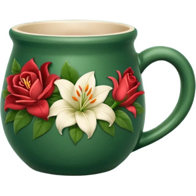 dark green mug, pottery no spoon with roses and lilies designed on it  emoji