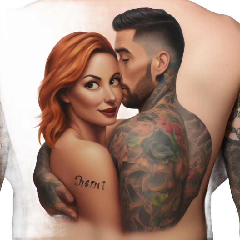 Hyper Realistic beautiful woman on a handsome tattooed man's back emoji