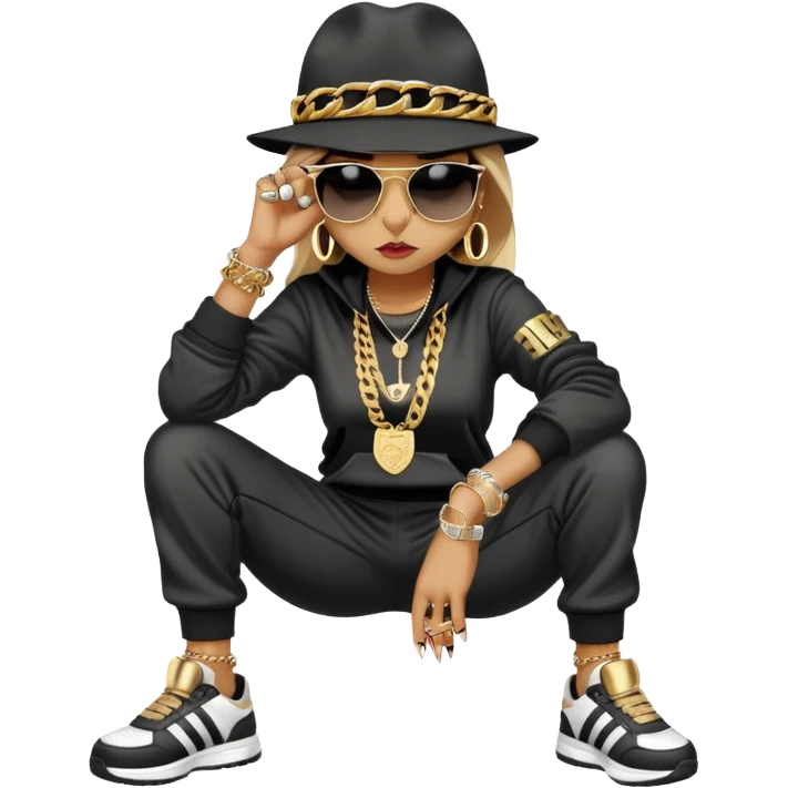 female cat wearing Run DMC hip-hop outfit with tracksuit, fedora, Adidas sneakers, dark sunglasses, many gold chains, rings, bracelets, flashy earrings, fallen down with distressed expression emoji