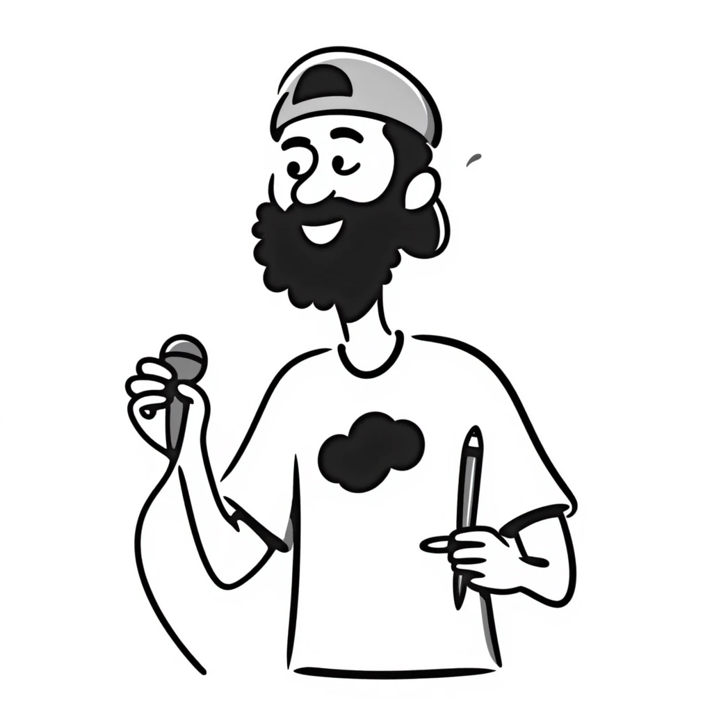 adult musician with beard and backwards cap, smiling widely, holding microphone in one hand and pencil in other hand emoji