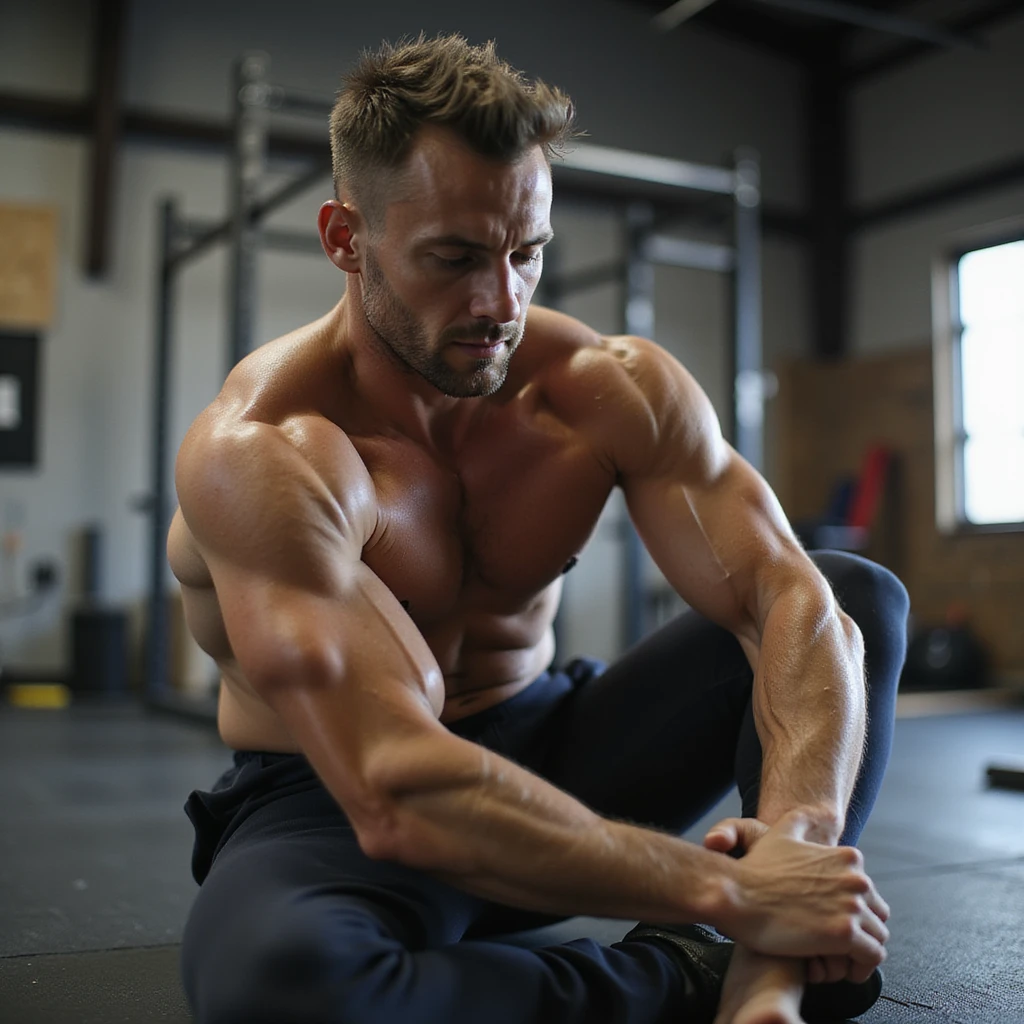 realistic photo of a crossfit athlete training, performing joint mobility exercises, dynamic stretching, prominent muscles, natural light, gym background emoji