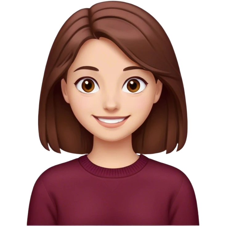 A girl with brown hair smiles, gray-brown eyes, wearing a burgundy sweater. emoji