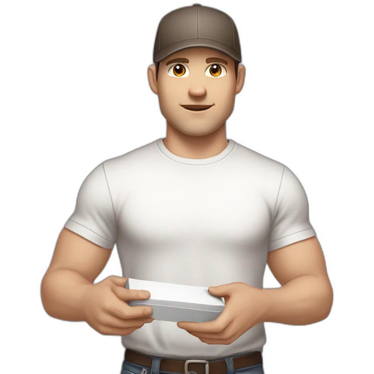 Pale skinned fit Man with dark brown hair in a light gray cap, dark brown jeans, brown polo and white T-shirt keeping a pasted with tape white box into his hands emoji