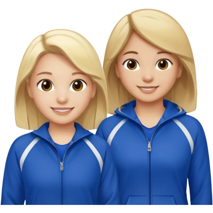 two girls smiling one has blond hair and one is has dark brown hair they are wearing royal blue track suits emoji