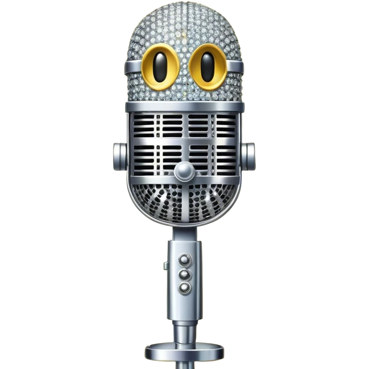 Create a glamorous and vibrant emoji representing stage vocal performance. The design should feature a classic vintage microphone at the center, surrounded by humanless an eye-catching stage costume covered in rhinestones, sparkling brightly. The costume should be stylized, with glittering elements like sequins and sparkles, and reflect the glitzy, extravagant nature of show business. The microphone should have a sleek, retro look with chrome or metallic accents. Use rich, dazzling colors like gold, silver, deep purple, and bright red to evoke the glamorous, larger-than-life feel of a stage performance. The background should be transparent. emoji