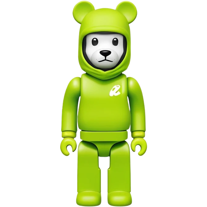 classic bearbrick toy with squared head, wearing a bright lime balaclava with Nike swoosh logo on it, pronounced eyebrows, blocky bear design emoji