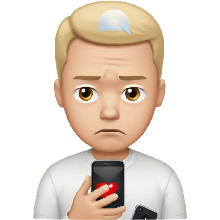 A sad-looking cartoon man holding a smartphone, staring at the screen with worried eyes and a frown, wearing a white shirt. emoji