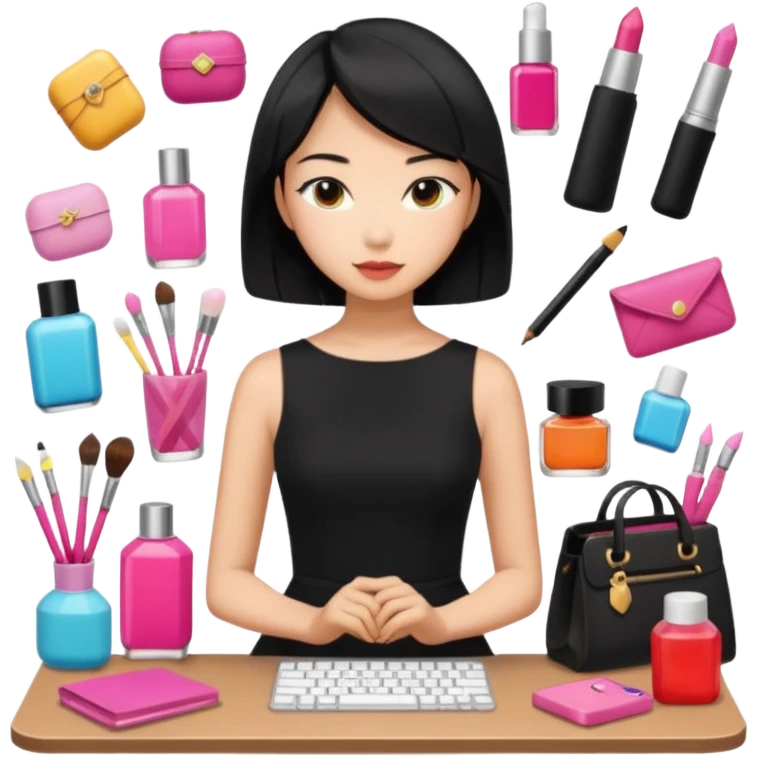 asian black short shoulder length hair tanned woman, black dress girly things emoji