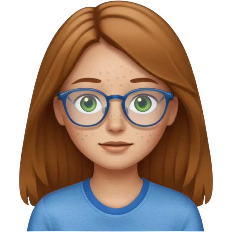 Create an emoji of a girl with light brown hair long length hair, green eyes, freckles, glasses and wearing a blue shirt emoji