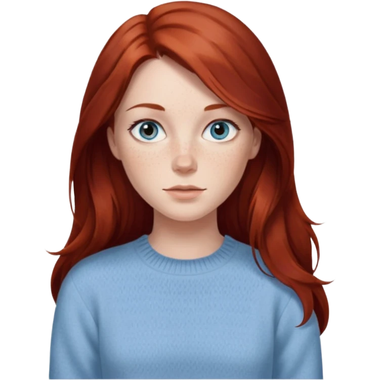 woman with long dark auburn red hair that is mostly straight but has slight waves to it. grey blue eyes. some freckles. wearing a Swedish style sweater that is neutral. the image on the right is closer emoji