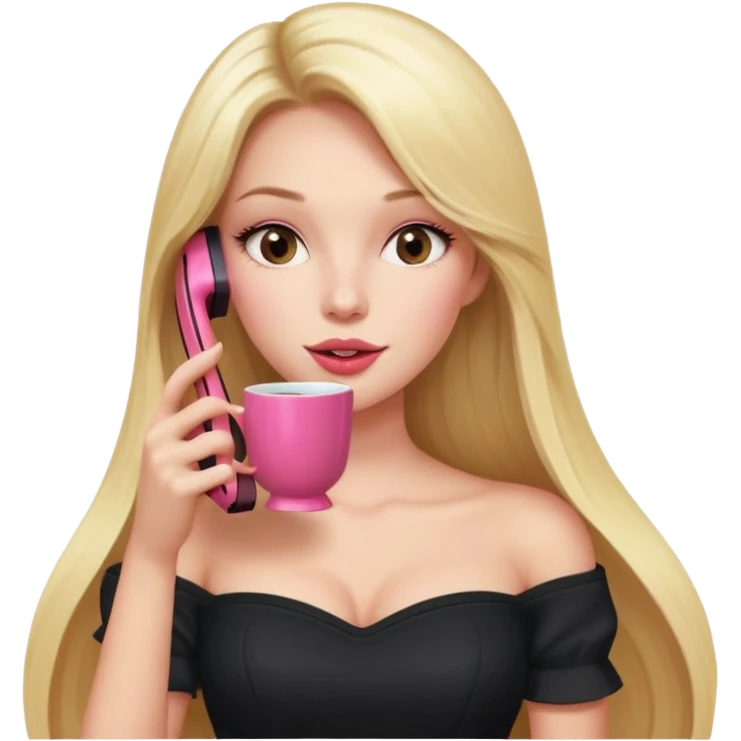 exaggerated features of woman with straight long blond hair, gossiping on a pink analogue phone, holding a tea cup, wearing an off-shoulder black top, red face emoji