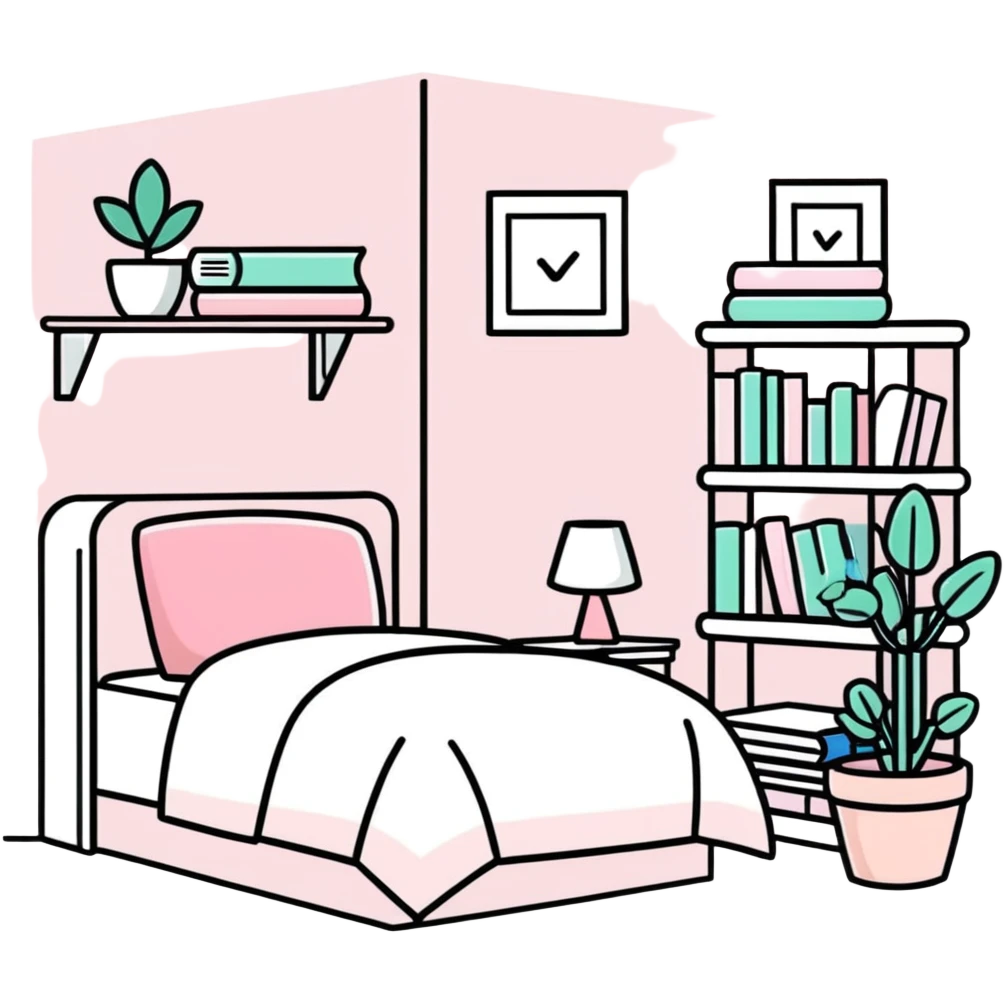 clean girl aesthetic bedroom with white furniture, pastel pink accents, neatly arranged books, potted plants emoji
