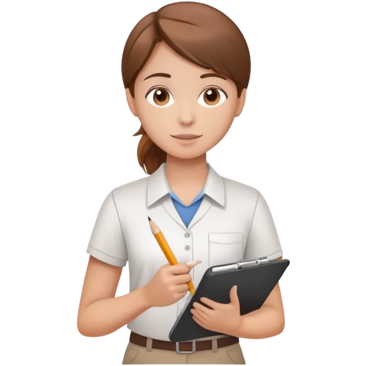 Intern or volunteer with brown hair holding a clipboard and pencil, ready to take notes or assist. The character wears a simple shirt and has an eager posture emoji