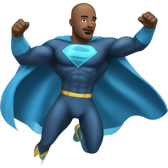A bald black man in a blue superhero outfit standing on a wave emoji