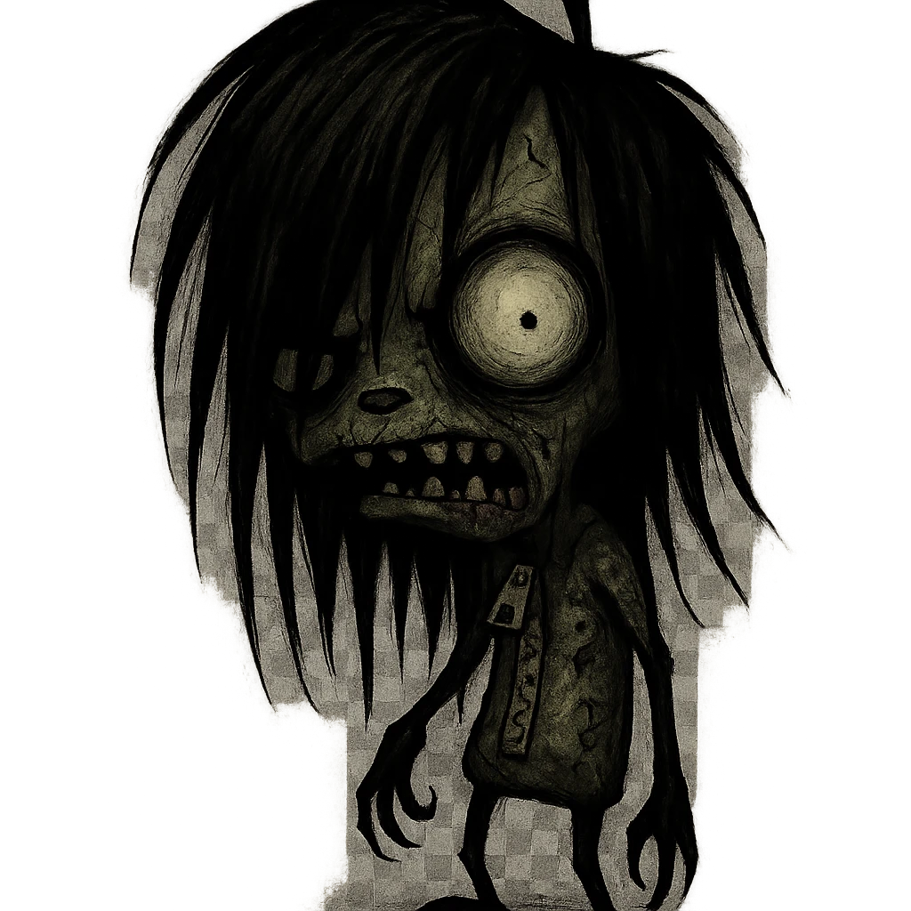GIR zombie, long black emo hair, shaggy, dark, with a creepy and spooky expression emoji