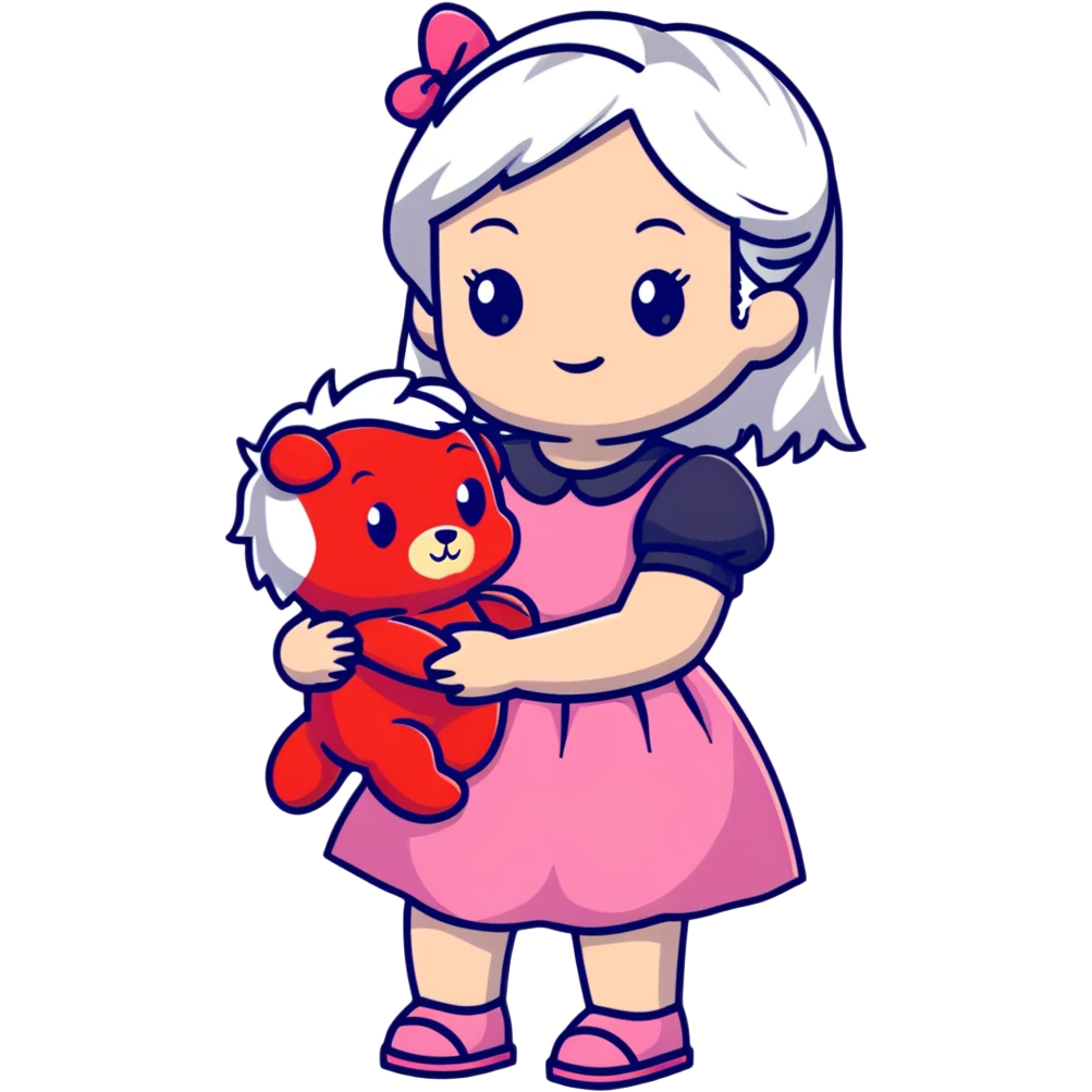 girl with white hair holding a strawberry wearing a pink dress holding a teddy bear emoji