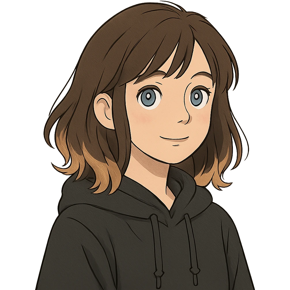 designer girl with blue eyes, brown hair with blonde highlights, black hoodie emoji