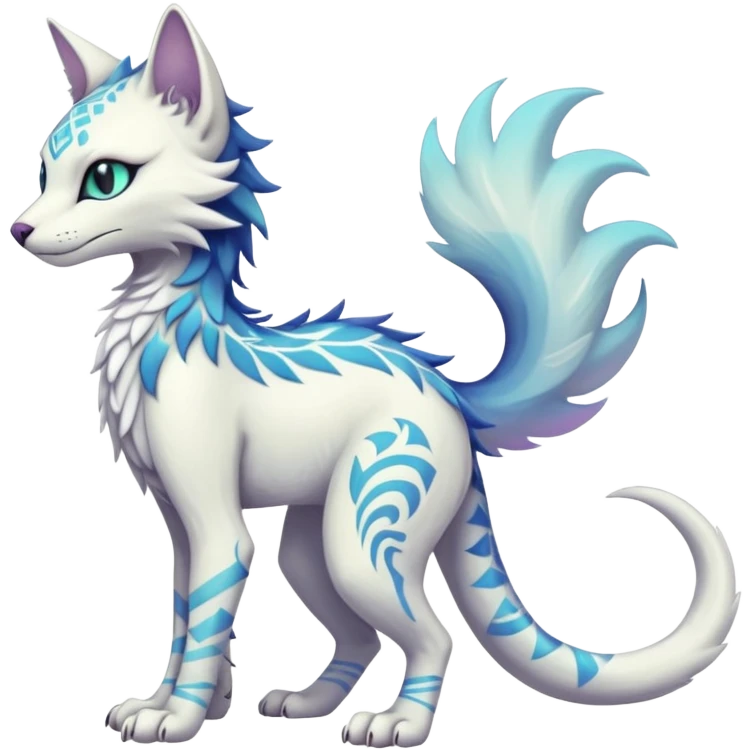 Kawaii white iridescent edgy cute cool fantasy feline-vernid-sergal-fursona animal creature with a tufted tail full body with intricate tribal markings  emoji