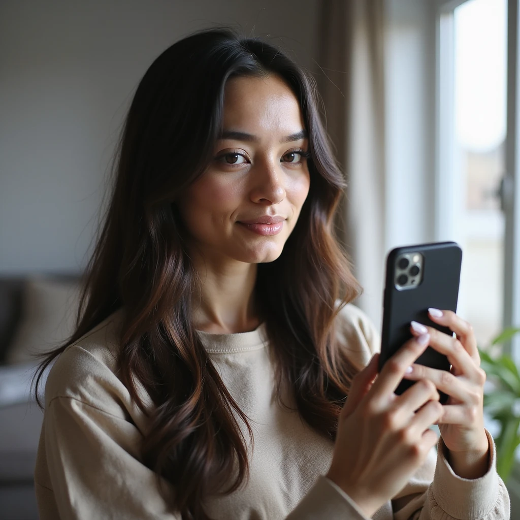 realistic PNG image of a woman with long straight dark brown-black hair holding an iPhone recording a TikTok video facing the camera with a focused expression dressed casually in a well-lit indoor setting transparent background emoji