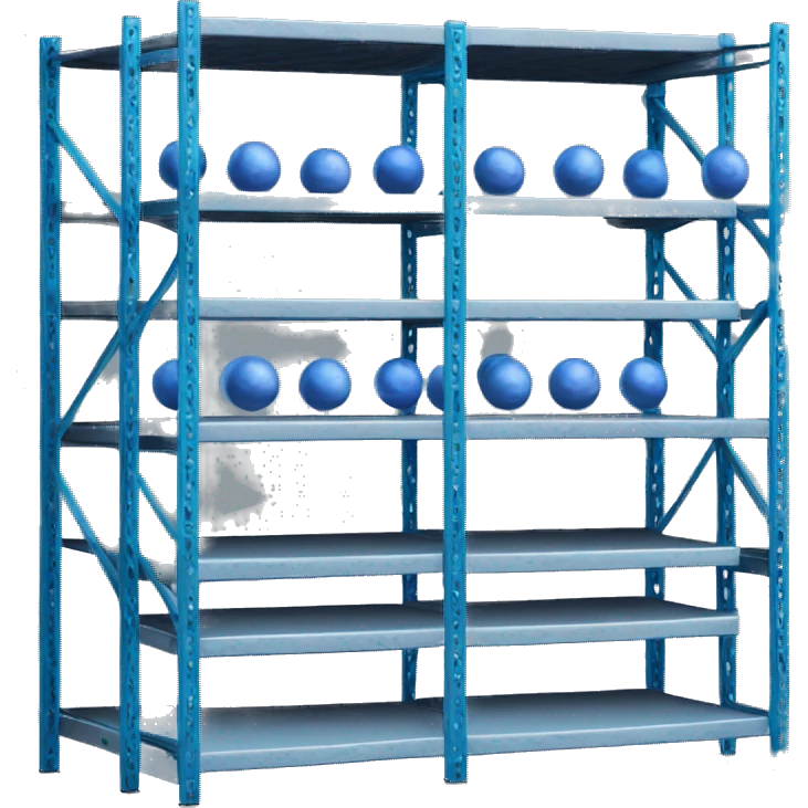 tall metal shelves with many blue orb prophecies emoji