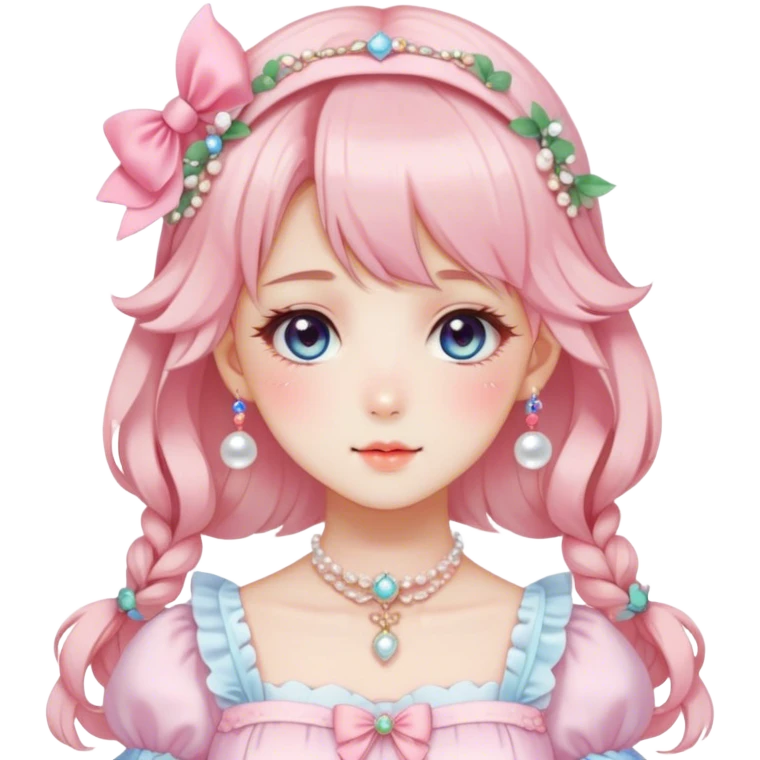 Gorgeous anime style lady with blushing face and accessories cottagecore fairycore Kawaii anime colorful pearly romantic aesthetic trending style emoji