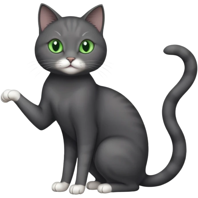 full body gorgeous solid dark grey cat with green eyes, white paws and white whiskers stretching like a cat emoji